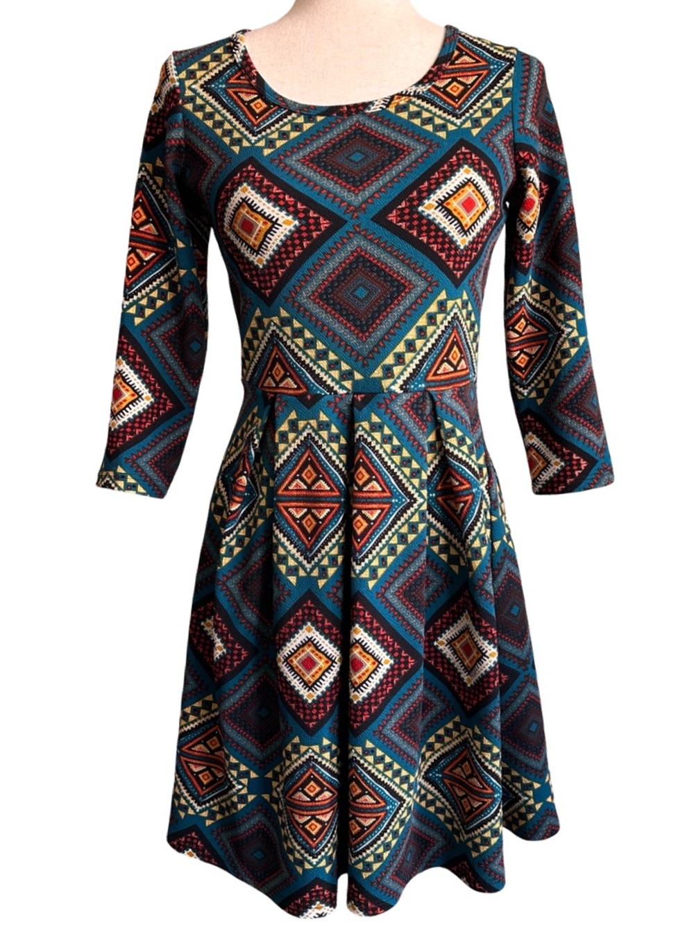 Y2K Pretty Young Thing Teal Southwest Aztec Print Fit & Flare Mini Dress Small